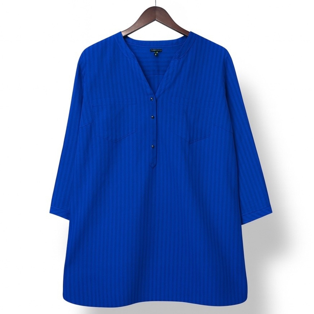 Talbots Women Blue Cotton Popover Tunic Top 20W Textured Minimalist Capsule